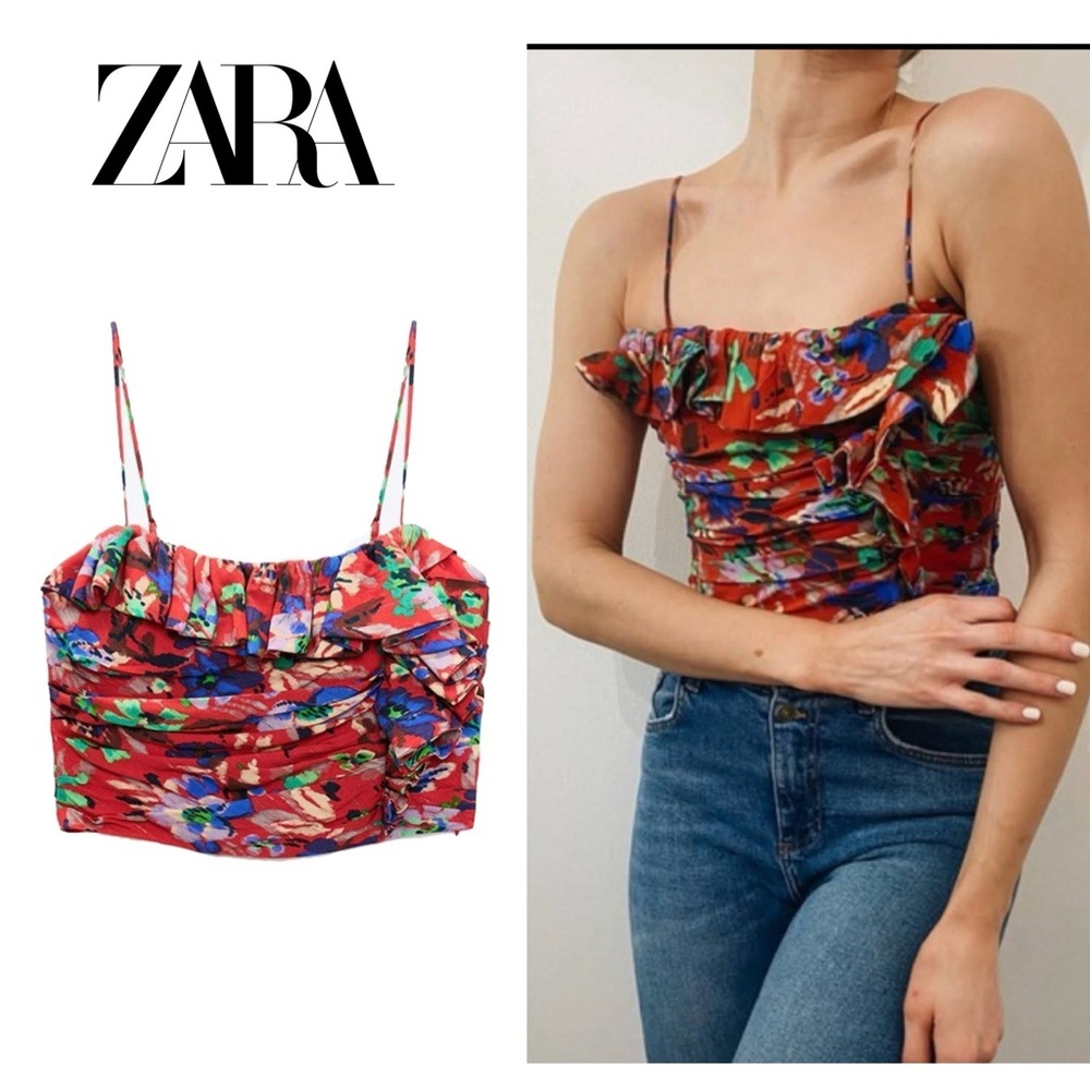 Zara red floral flower ruched draped layered ruffle frill camisole crop top Sz M